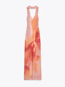 Front view of an elegant V-neck floral print maxi dress in pink and orange tones