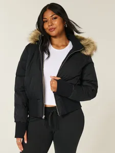 Damen Kurz Wattierte Jacke Kunstpelz Kapuze Mantel Polyester Reißverschluss Winter Warm Oberbekleidung Mit Rippbündchen