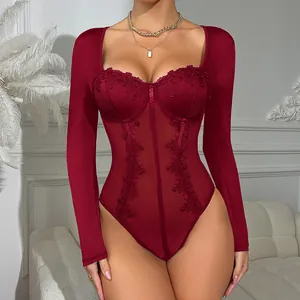 Women Sexy Lace Mesh Bodysuit Long Sleeve Transparent Fishbone Corset Top Slimming Patchwork Lingerie Clubwear