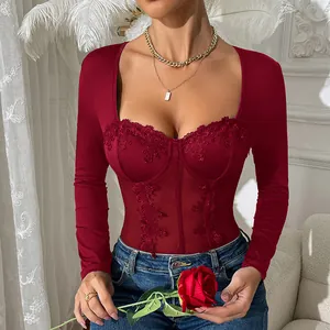 Sexy wine red lace patchwork corset bodysuit with long sleeves and mesh detail for women