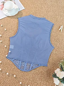 Detailed back view of a blue lace corset vest with boned structural design details.