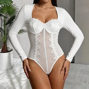 Sexy white long sleeve lace patchwork bodysuit with sheer mesh and fishbone detail