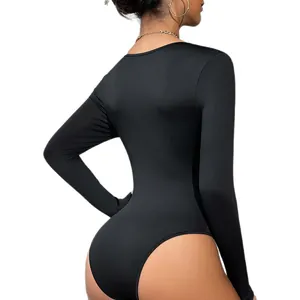 Sexy black long-sleeve bodysuit with slim fit design for a sleek silhouette.