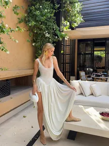 Women Sexy Solid Color Spaghetti Strap Puffy Maxi Dress Deep U Neck Backless High Slit Slim Fit Elegant Vacation Party Long Dress