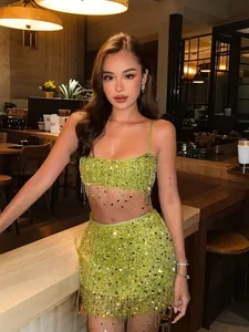 Women Sexy Sequin Tassel Set Sleeveless Halter Top And Mini Skirt Clubwear Party Dance Costume Set