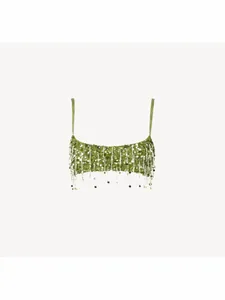Elegant green sequined crop top with shimmering fringe for party and dance outfits