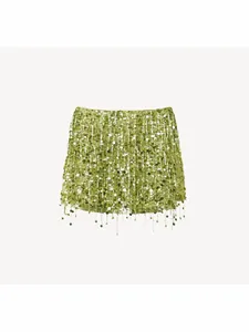 Sexy green mini skirt with all-over sequins and dangling fringe hem for party dance wear