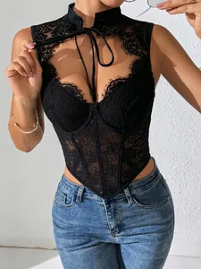 Women Sexy Lace Corset Top Underwire Fishbone Bustier Sheer Mesh Tie Up Halter Neck Slim Fit Sleeveless Crop Top
