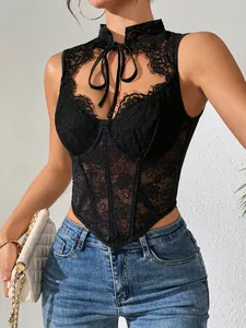 Elegant black lace corset top featuring underwire boning and a lace-up high neck design