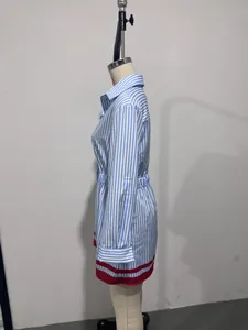 Side view detail of the blue striped shirt dress with a contrasting red border.