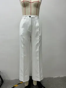 Front view of women's high-waisted drape straight-leg white suit trousers on mannequin