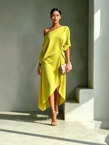 Elegant Minimalist One Shoulder Sleeveless Midi Dress For Women Asymmetrical Hem Ruched Satin Polyester Summer Party Dress