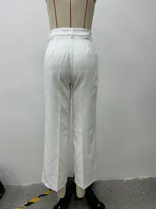 Back view detail of elegant white high-waisted straight-leg trousers for women