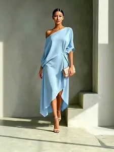 Elegant minimalist light blue one-shoulder dress for women, sleeveless draped midi style