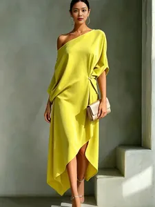 Elegant minimalist one-shoulder yellow cotton linen midi dress for women with drape detail