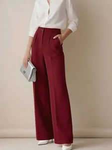 Elegant burgundy high-waisted wide-leg suit trousers for women with a drape finish