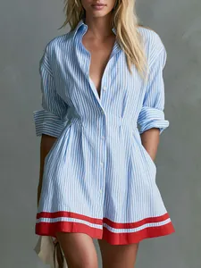 Women Striped Shirt Dress Casual Long Sleeve Button Up Lapel Slimming Mini Dress With Pockets Vacation Summer Beachwear