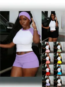 Completo Sportivo Casual da Donna Top Raglan a Contrasto Pantaloncini e Fascia Poliestere Abbigliamento Sportivo Comodo alla Moda