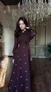 Elegant French vintage burgundy maxi dress with pussy-bow neck and long pleated sleeves
