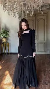 Elegant black retro palace style long-sleeve maxi dress with pearl-trimmed waist