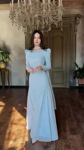 Elegant light blue long-sleeved court-style maxi dress featuring a chic choker neck detail