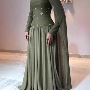 Elegant olive green slim-fit dress with scalloped waist and pleated maxi skirt