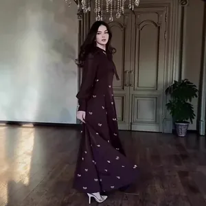 Elegant French vintage dark burgundy long-sleeved maxi dress with white bow prints