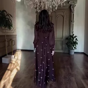 Elegant French vintage long sleeve maxi dress with white bow print and corset back detail