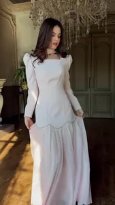 Elegant long-sleeve palace style retro maxi dress for women in soft pink finish