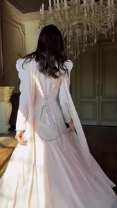 Back view of an elegant palace-style pink long-sleeved maxi dress with lace-up detail.