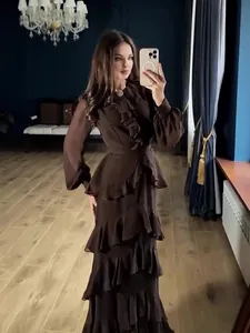 Elegant dark brown ruffled long sleeve maxi dress with cinched waist for women