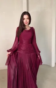 Elegant burgundy long-sleeved pleated maxi dress with French style waist-cinching design
