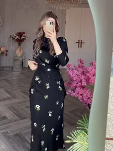 Ensemble Jupe Élégant Imprimé Floral Femmes Haut Col Rond Et Jupe Longue Polyester Cachemire Été Vêtement