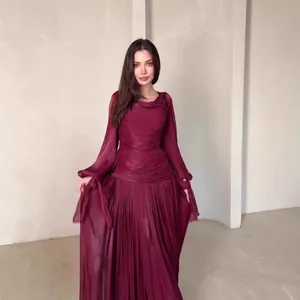 French Vintage Elegant Long Sleeve Maxi Dress For Women Ruched Slim Fit Pleated Autumn Formal Banquet Party Long Dress