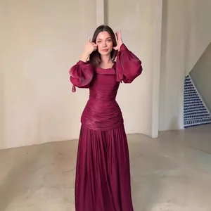 Elegant maroon pleated long-sleeved dress with waist-slimming French design