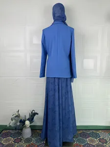 Back view of elegant 3-piece modest fashion set in blue with blazer and floral skirt