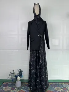 Elegant 3-piece modest fashion set featuring black blazer and floral printed long skirt