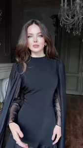 Elegant black long-sleeved maxi dress with sheer sleeve details shown in a classical interior