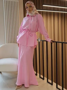 Women Elegant Solid Color Polyester Top And Bottom Elegant Turn-Down Collar Long Sleeve Top Maxi Skirt Vacation Attire Casual Daily Matching Attire For Female