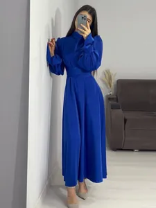 Elegant royal blue puff sleeve maxi dress with cinched waist for autumn