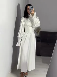 Elegant white long puff sleeve maxi dress with cinched waist for fairy style fashion