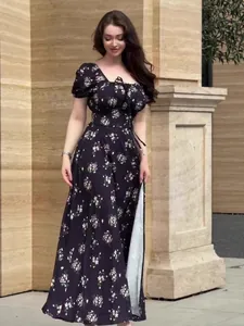 Elegante abito lungo vintage a fiori con maniche a sbuffo per la moda estiva donna