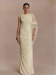 Elegante Mouwloze Polyester Geplooide Maxi Jurk Voor Dames Asymmetrische Cape Luxe Retro Avondjurk Banket Bruiloft Feest