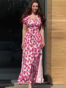 Vestito Maxi da Donna Vintage Stampa Floreale Scollo Quadrato Maniche a Sbuffo Spacco Stile Francese Estate A-Line Vacanza