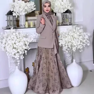 Elegant Women Modest Fashion Set Polyester Blazer And Floral Maxi Skirt Two-Piece Set Modest Dress For Spring Wear