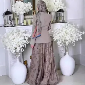Elegant modest long-sleeved floral skirt set with matching hijab and blazer coat