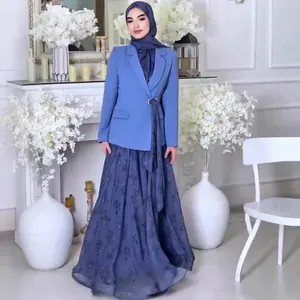 Elegant modest spring suit featuring blue long sleeve blazer and floral navy maxi dress
