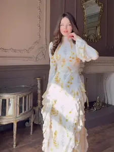 Elegant Floral Print Midi Dress For Women Long Sleeve High Neck Fishtail Bodycon Polyester Dress Spring Autumn Slim Fit Robe