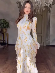 Elegant floral long-sleeved maxi dress with slim fit design and ruffle details for women