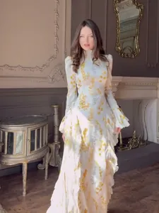 Elegant 2025 floral long sleeve maxi dress with ruffles and high neck for a slim fit look